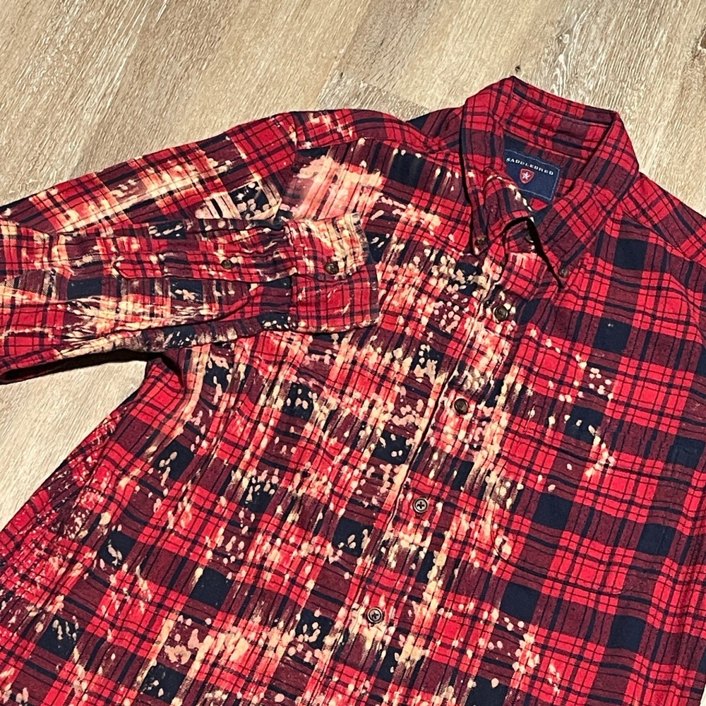 Saddlebred Red Black Plaid Bleached Flannel Shirt L/S Button Up Distressed M EUC